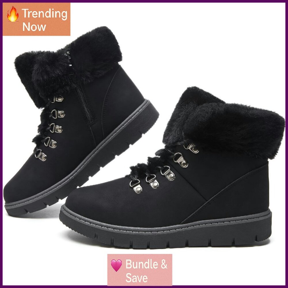Women's Winter Ankle Boots PU Leather Lace Up Zipper Snow Boots Warm Fuzzy